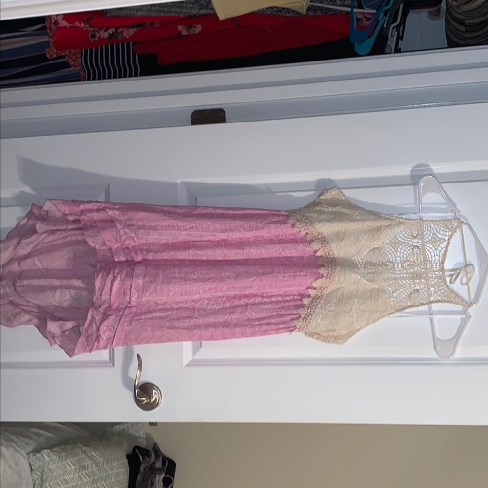 Cream and pinkish-purple crochet halter sun dress